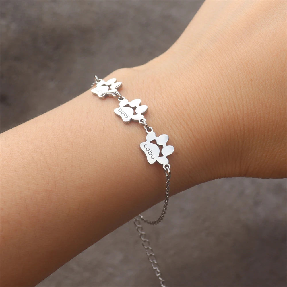 Personalized Memorial Gift Dog Paw Print Bracelet for Women Custom Engraved Multiple Names Bracelet Stainless Steel Pulsera - Zenflow Active