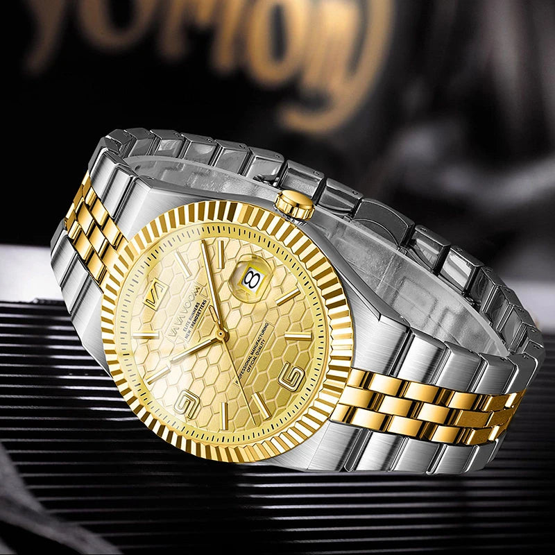 Men's Honeycomb Dial Quartz Watch — Luminous, Date Display, Stainless Steel, Waterproof - Zenflow Active