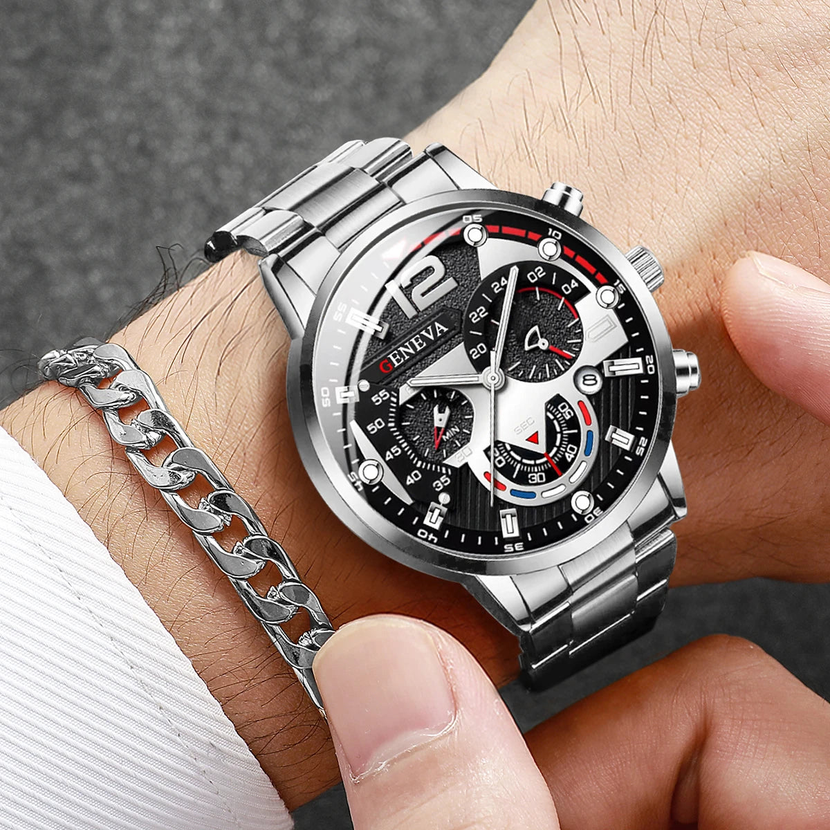 Men's Quartz Watch & Bracelet Set — Steel Band, Arabic Dial, Folding Clasp - Zenflow Active