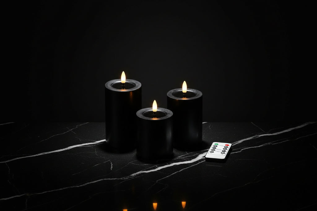 Black Flameless Pillar Candles Remote Controlled Flickering LED Paraffin Wax Candle Battery Operated Window Table Lighting Decor - Zenflow Active