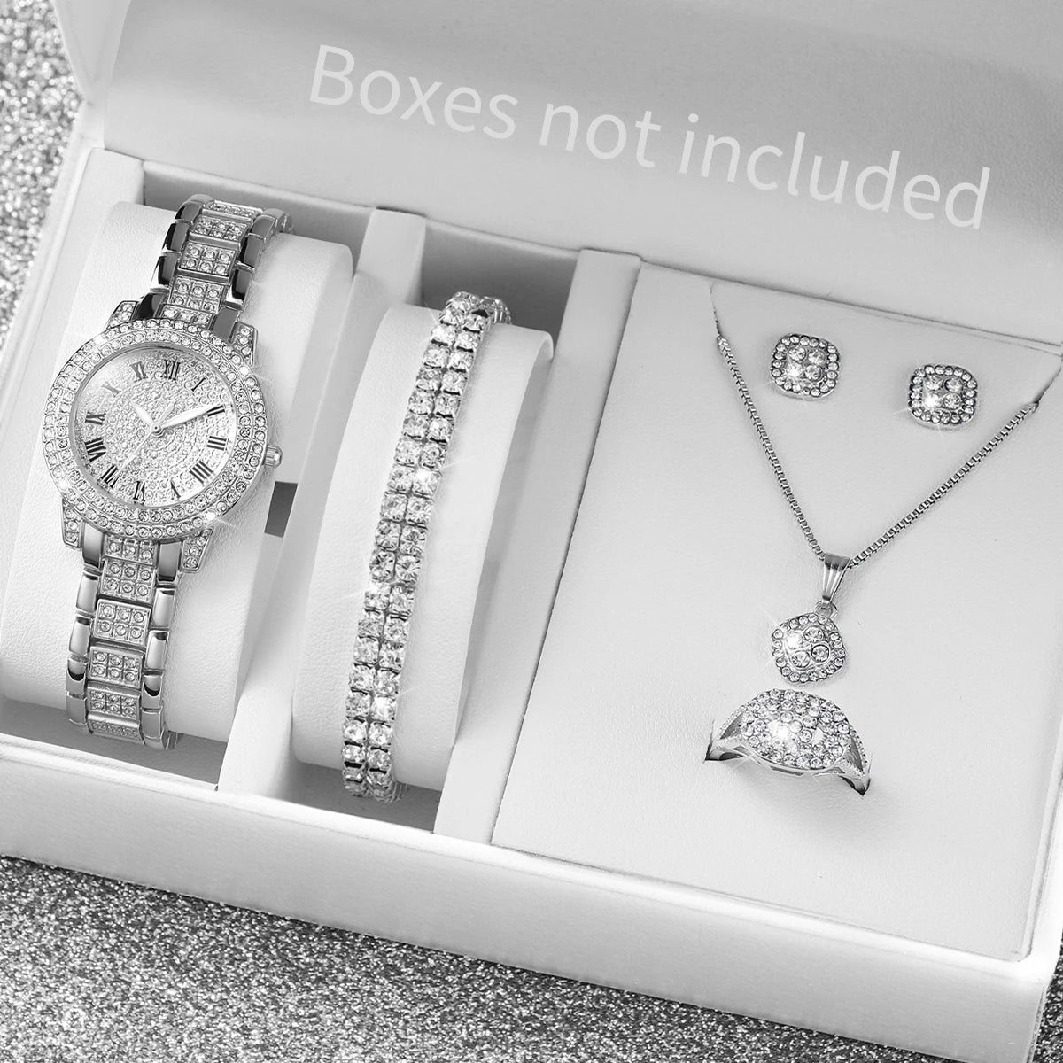 6PCS Fashion Full Diamond Women's Watch Gold Steel Band Analog Quartz Watches Jewellery Set Without Box - Zenflow Active