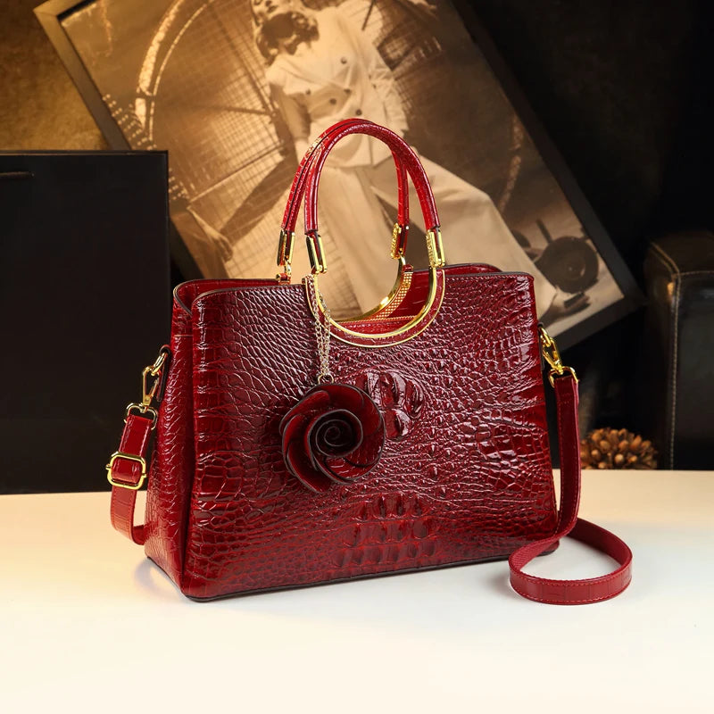 Genuine Leather Women's Handbags Crocodile Pattern Lady Flower Tassel Shoulder Bag - Zenflow Active