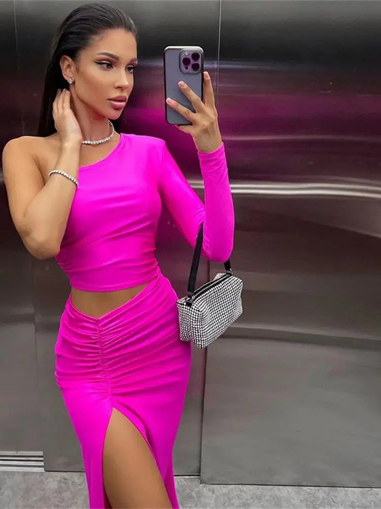 Women's One-Shoulder Ruched Split Maxi Dress Zenflow Active