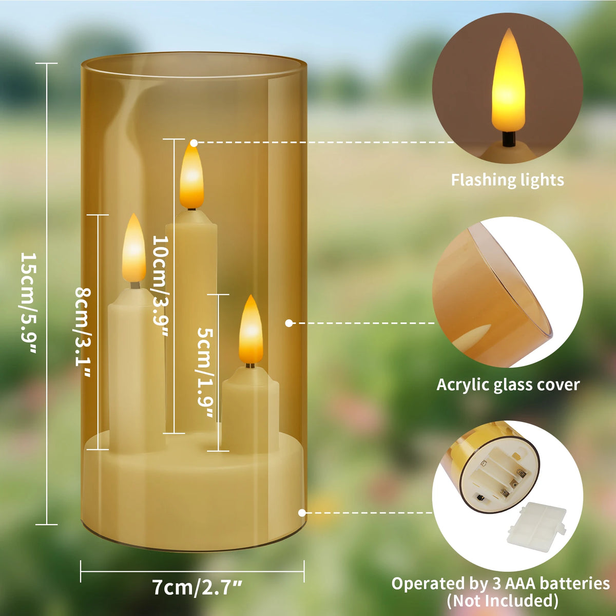 3 in 1 Flameless 5/8/10CM Taper Candles Battery Operated LED Acrylic Pillar Flickering LED Electronic Candles with Lampshade - Zenflow Active