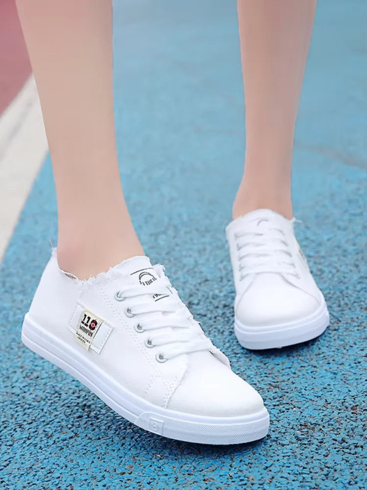 Women's Canvas Lace-Up Flat Trainers — Solid Colour, Low Heel, Casual & Sport - Zenflow Active