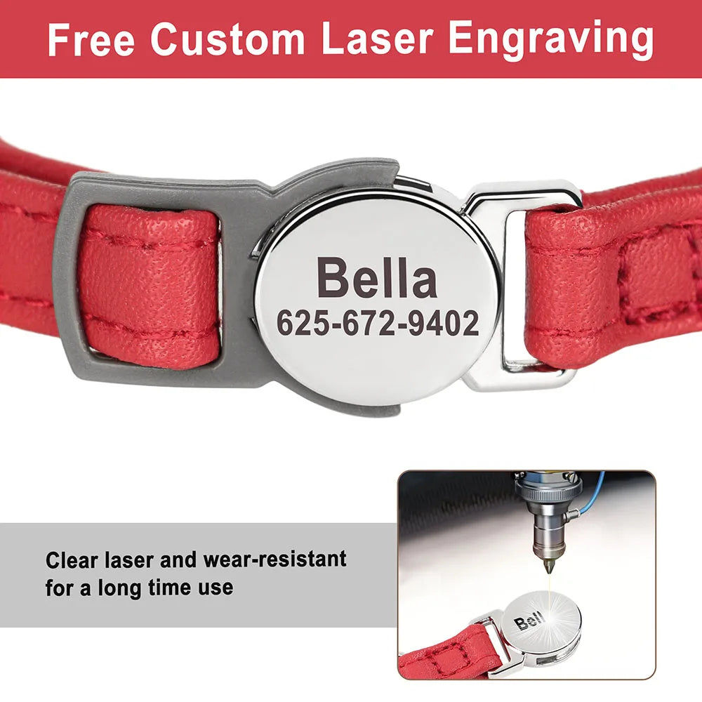 Personalised Cat Collar | PU Leather with Engraved ID Nameplate & Bell - Zenflow Active