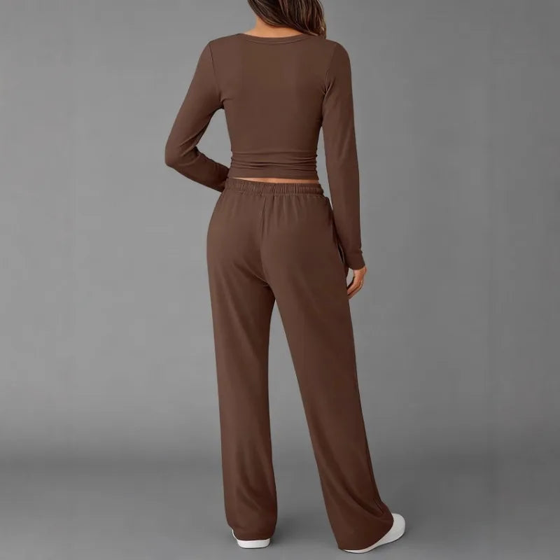 Women's Casual Drawstring Top & Wide-Leg Trouser Set - Zenflow Active