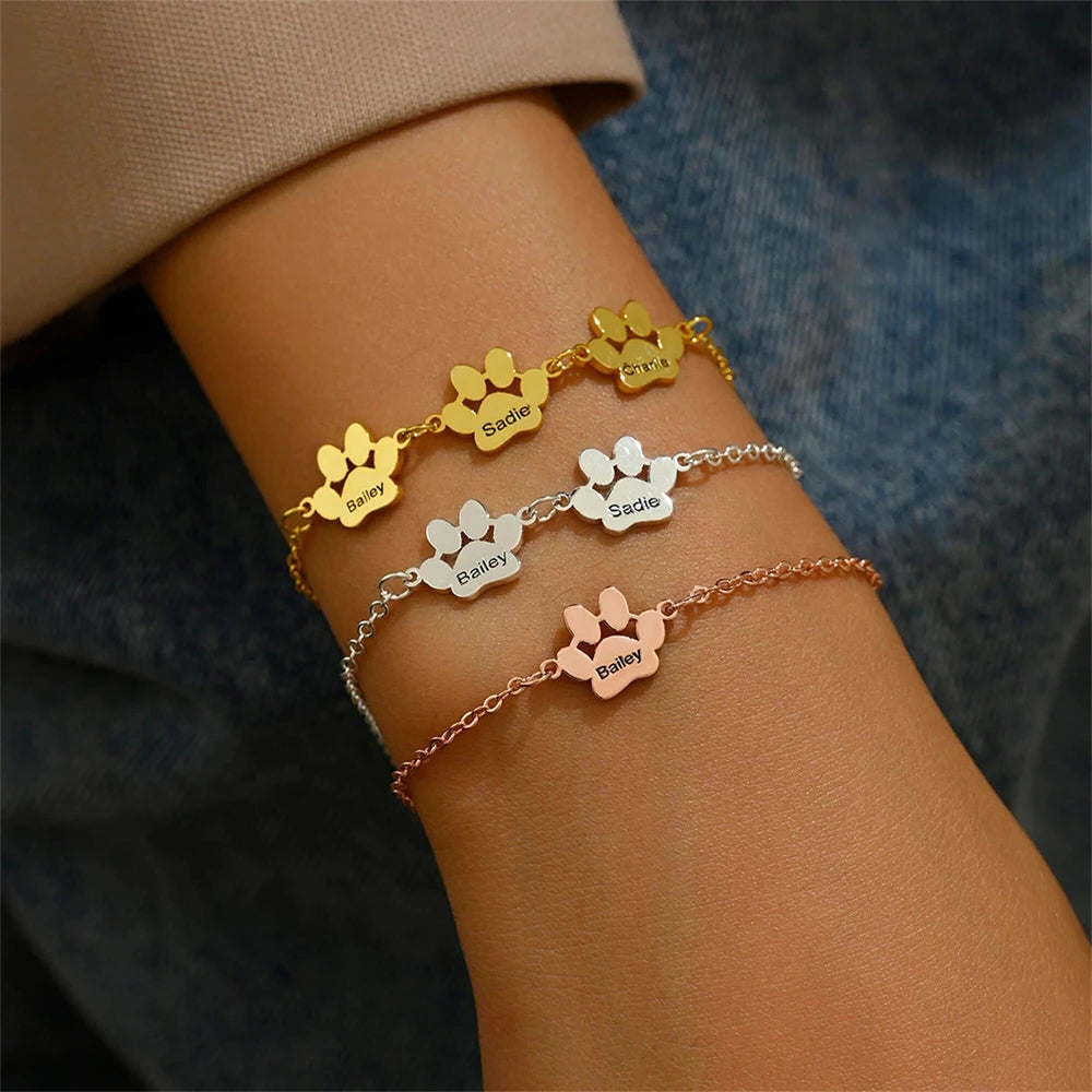Personalized Memorial Gift Dog Paw Print Bracelet for Women Custom Engraved Multiple Names Bracelet Stainless Steel Pulsera - Zenflow Active
