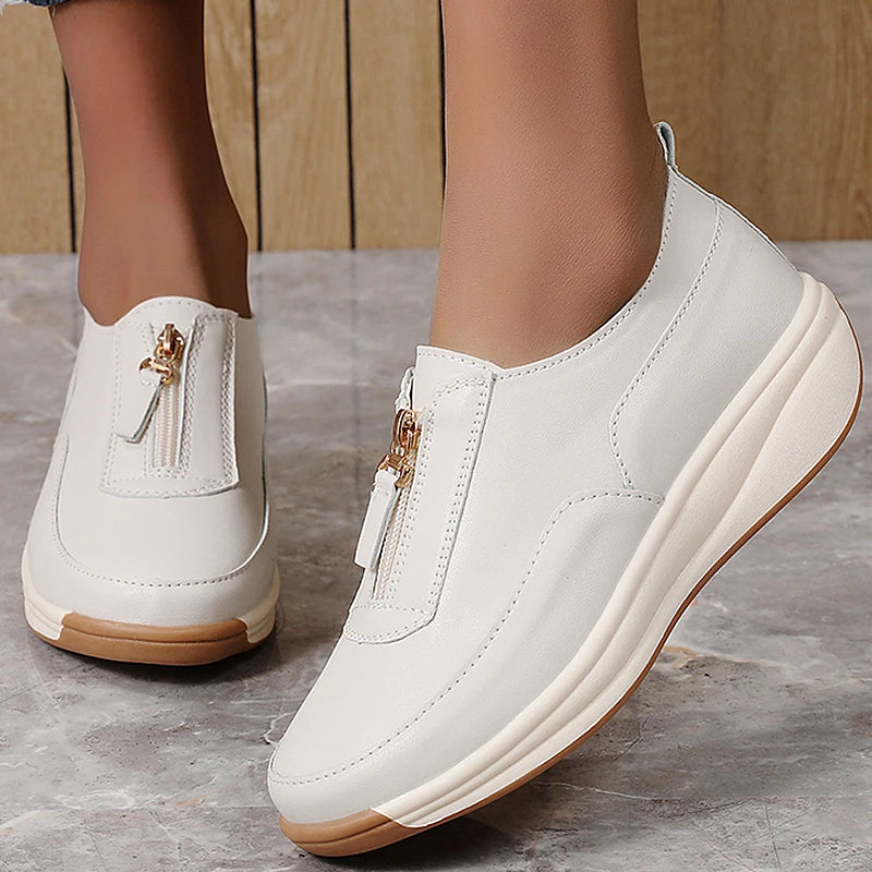 Women's Split Leather Loafer Flats — Zip Closure, Wedge Sole, Round Toe, Casual Everyday Shoe - Zenflow Active
