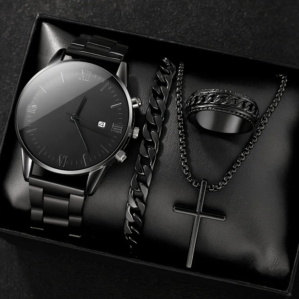 4-piece/set men's black minimalist quartz watch set with bracelet, necklace, and ring - Zenflow Active