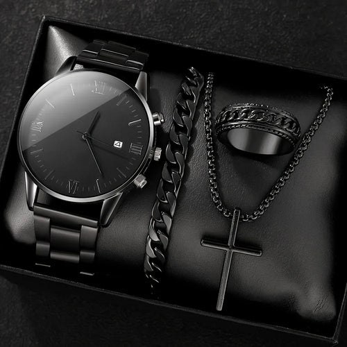 4-piece/set men's black minimalist quartz watch set with bracelet, necklace, and ring - Zenflow Active