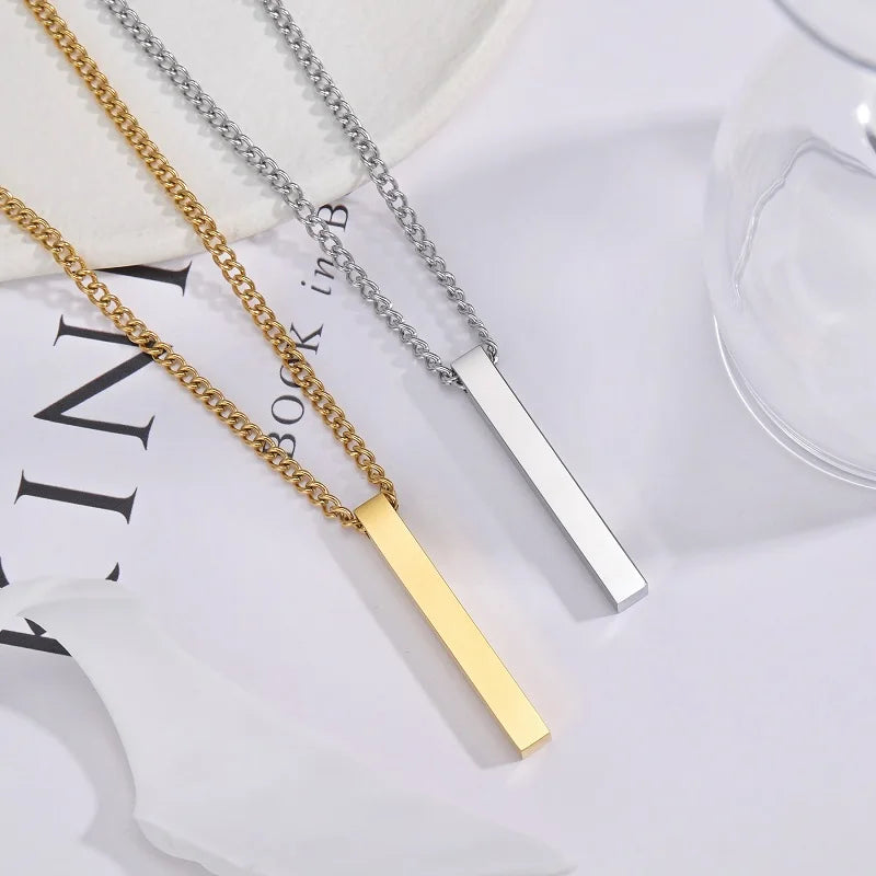 Engrave 4 Sides Name Date Custom Stainless Steel Thick Chain Necklaces for men Personalized Square Bar Pendant Jewellery - Zenflow Active