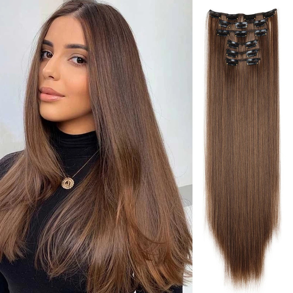 Hair Extensions 24"/60cm 6pcs/set Women Long Straight Synthetic Full Head Clip 16 Clips Ombre Heat Resistant Fiber Hair - Zenflow Active