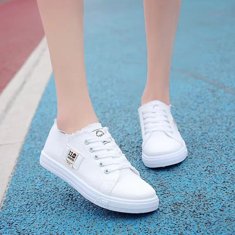 Women's Canvas Lace-Up Flat Trainers — Solid Colour, Low Heel, Casual & Sport - Zenflow Active