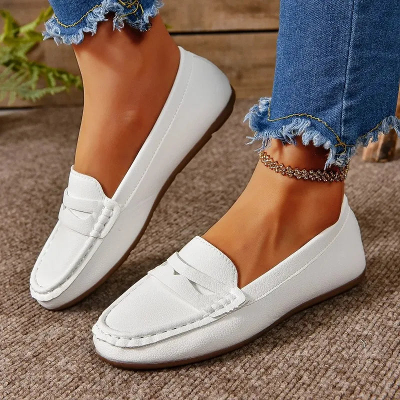 Women's PU Leather Slip-On Loafers — Round Toe, Flat Moccasin, Casual Everyday Shoe - Zenflow Active