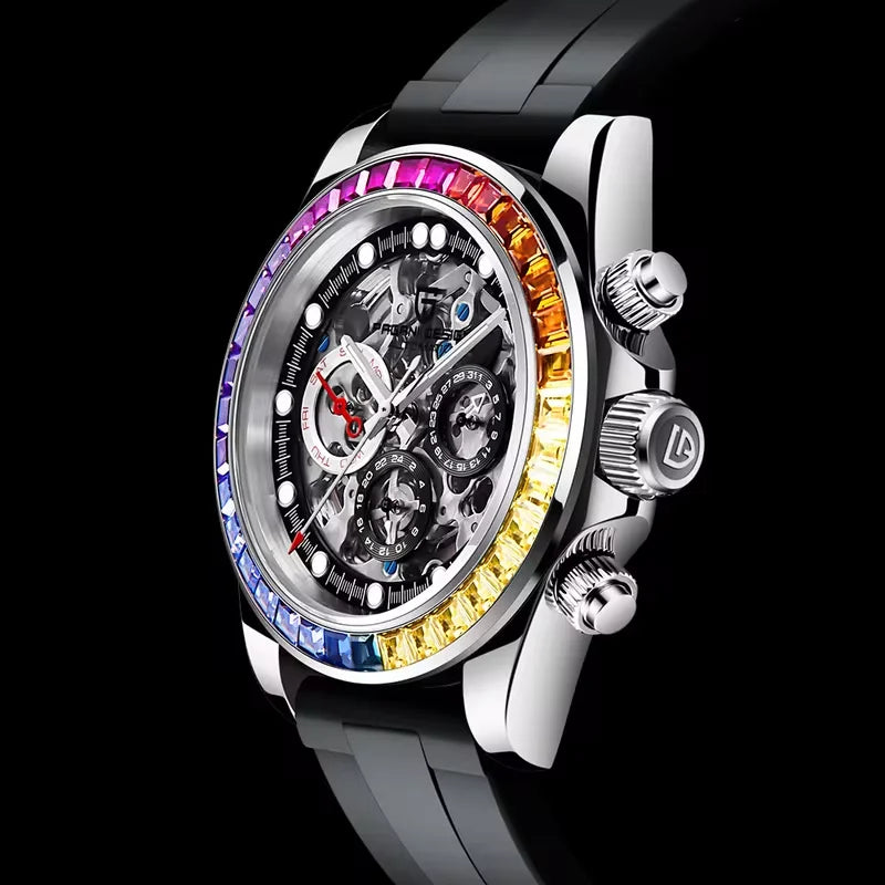 Pagani Design Gemstone Bezel Skeleton Automatic Watch | Sapphire Crystal | 100m Water Resistant - Zenflow Active