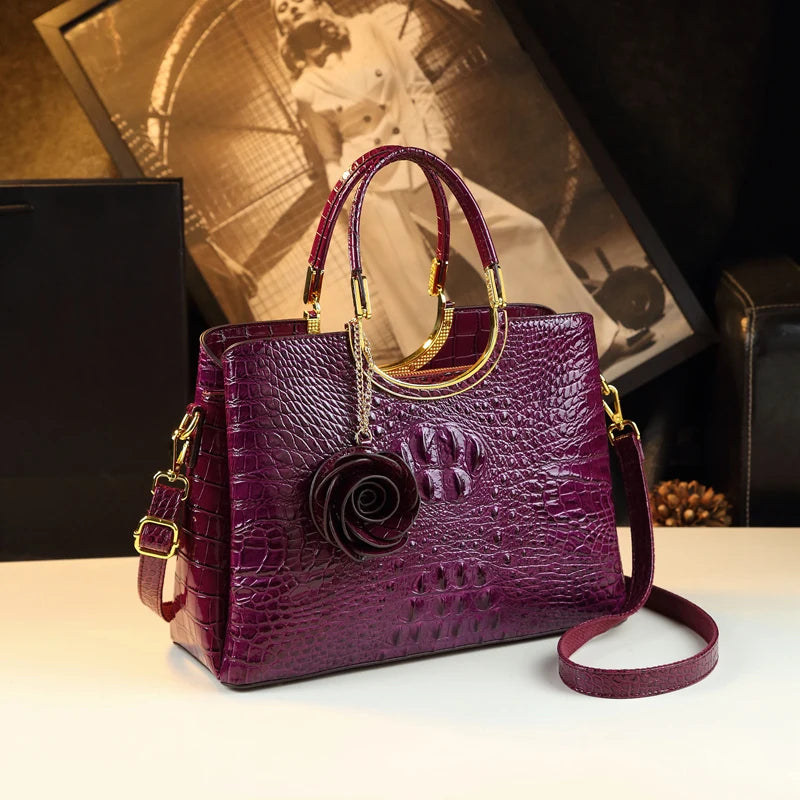 Genuine Leather Women's Handbags Crocodile Pattern Lady Flower Tassel Shoulder Bag - Zenflow Active