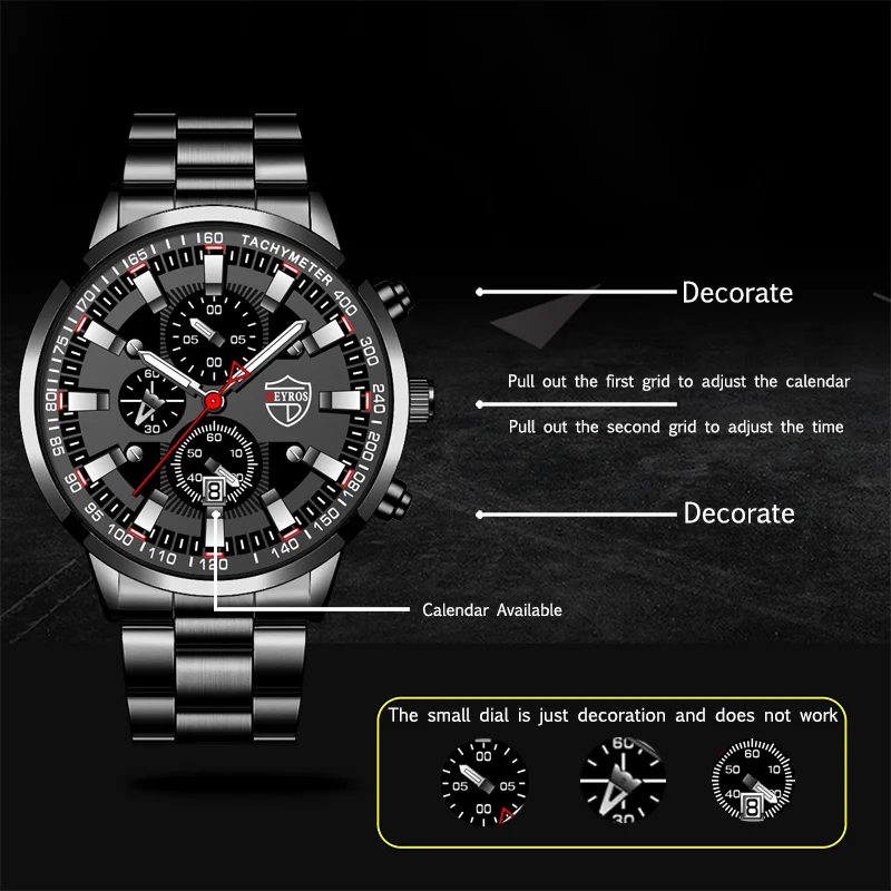 Men's Watch Black Stainless Steel Quartz Wristwatch - Zenflow Active