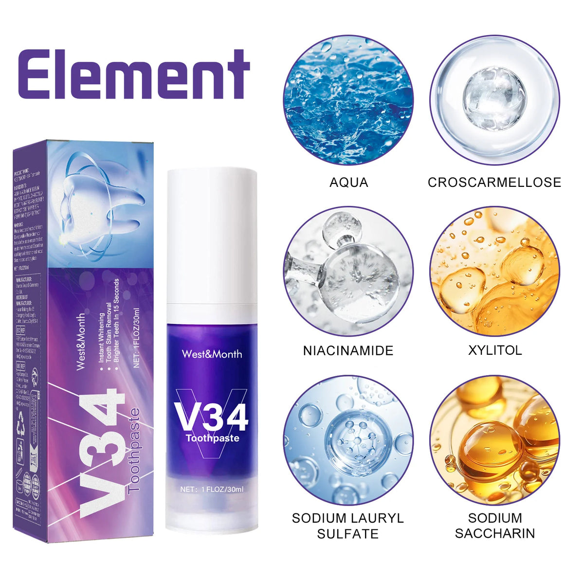V34 Teeth Whitening Toothpaste 30ml Intensive Stain Remover - Zenflow Active