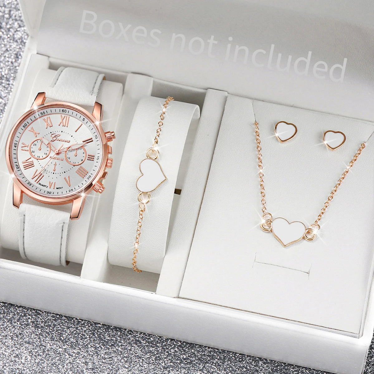 5/6PCS Fashion Women's Quartz Watch Leather Band Analog Wrist Watches Heart Rhinestone Jewelry Set(Without Box) - Zenflow Active