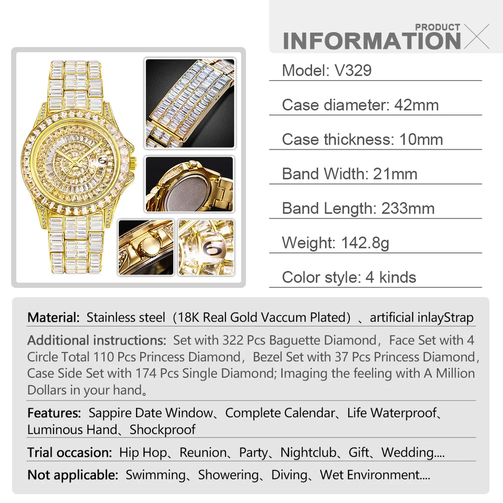 MISSFOX Iced Out Men's Watch — Handmade Mosaic Diamond, Quartz, Auto Date - Zenflow Active