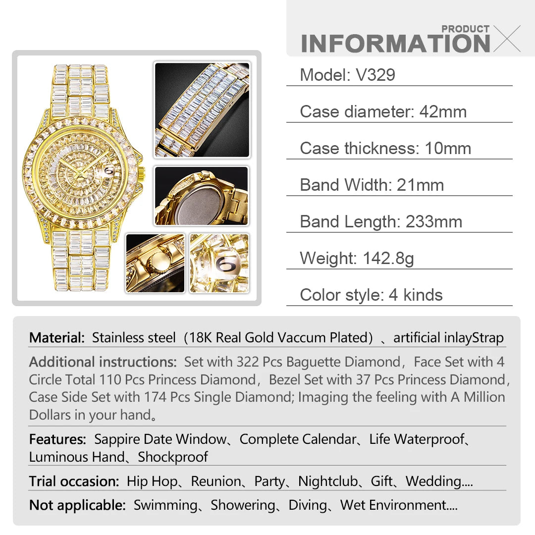 MISSFOX Iced Out Men's Watch — Handmade Mosaic Diamond, Quartz, Auto Date - Zenflow Active