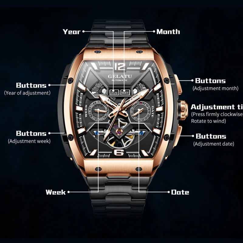 GELATU Top Brand Luxury Rose Black Skeleton Tourbillon Automatic Mechanical Watch for Men - Zenflow Active