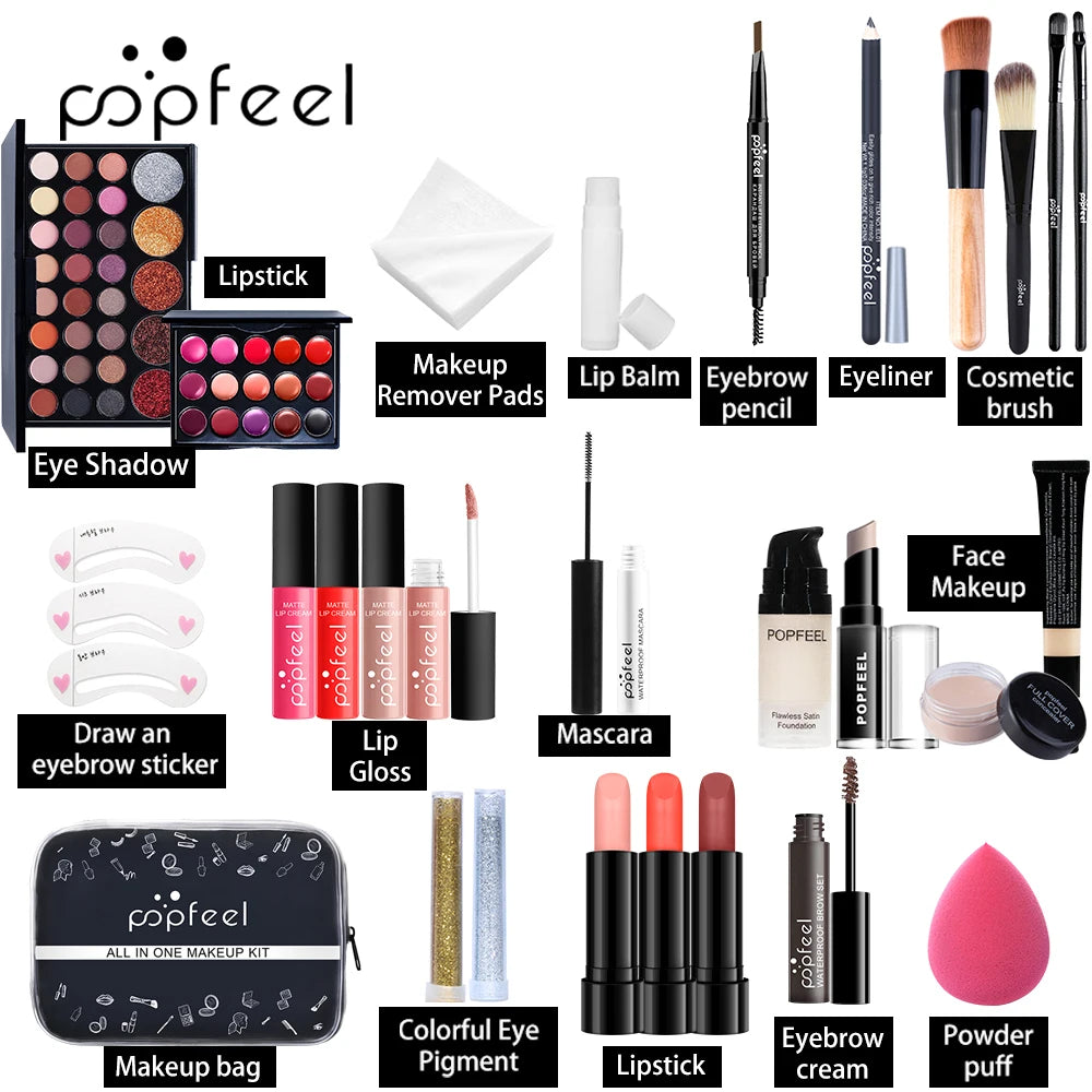 All in One Makeup Kit Full Makeup Kit Gift for Women Teen Girl Nude Eyeshadow Foundation Primer Brush Nude Lipgloss - Zenflow Active