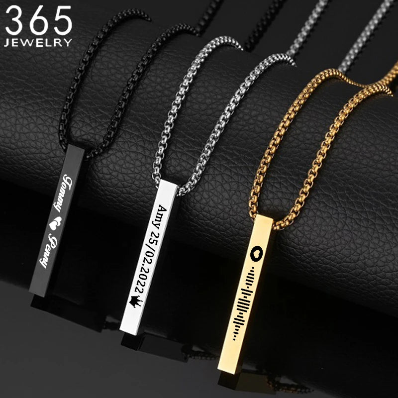 Engrave 4 Sides Name Date Custom Stainless Steel Thick Chain Necklaces for men Personalized Square Bar Pendant Jewellery - Zenflow Active