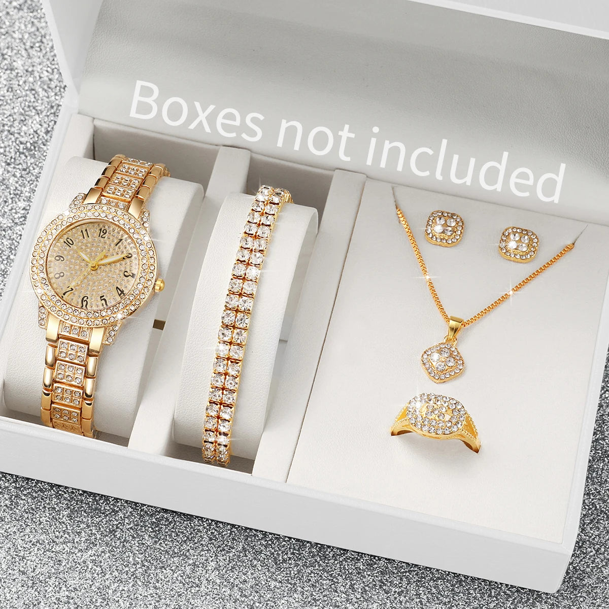 6PCS Fashion Full Diamond Women's Watch Gold Steel Band Analog Quartz Watches Jewellery Set Without Box - Zenflow Active