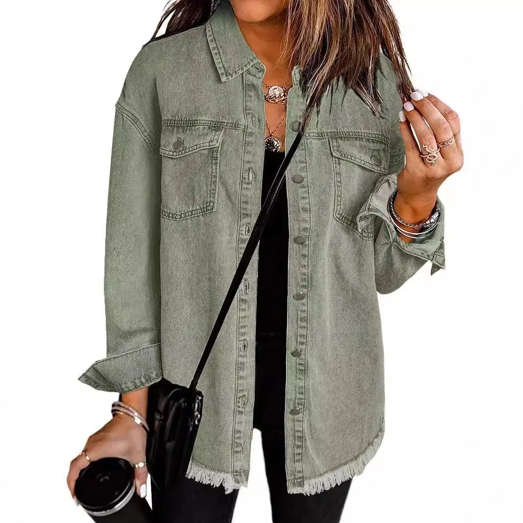 Women’s Distressed-Hem Long Denim Shirt Jacket Zenflow Active