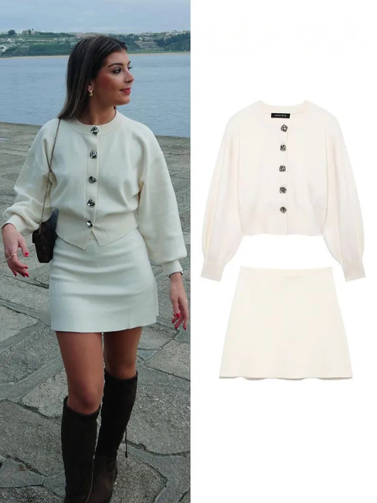 Knit Cardigan & High-Waist Mini Skirt Set - Zenflow Active