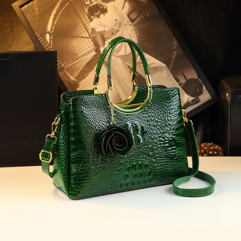 Genuine Leather Women's Handbags Crocodile Pattern Lady Flower Tassel Shoulder Bag - Zenflow Active