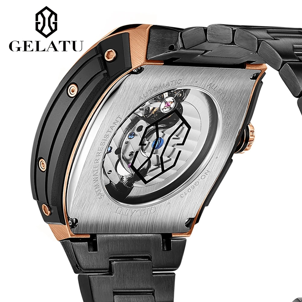 GELATU Top Brand Luxury Rose Black Skeleton Tourbillon Automatic Mechanical Watch for Men - Zenflow Active
