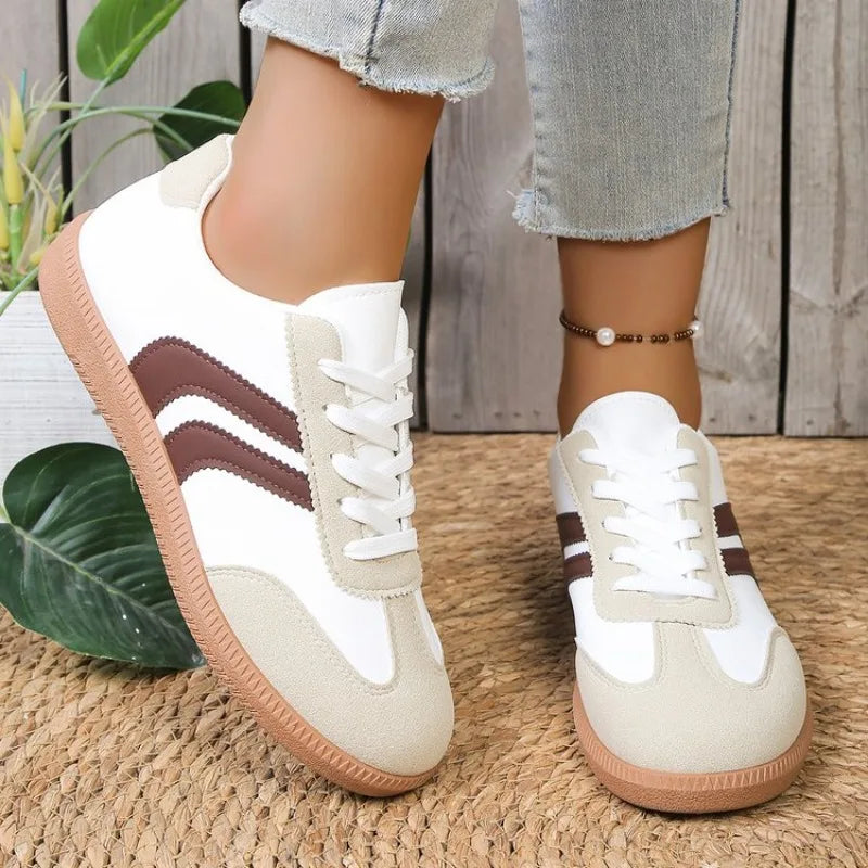 Women's PU Lace-Up Flat Sports Shoes — Soft Sole, Round Toe, Rubber Outsole, Casual - Zenflow Active