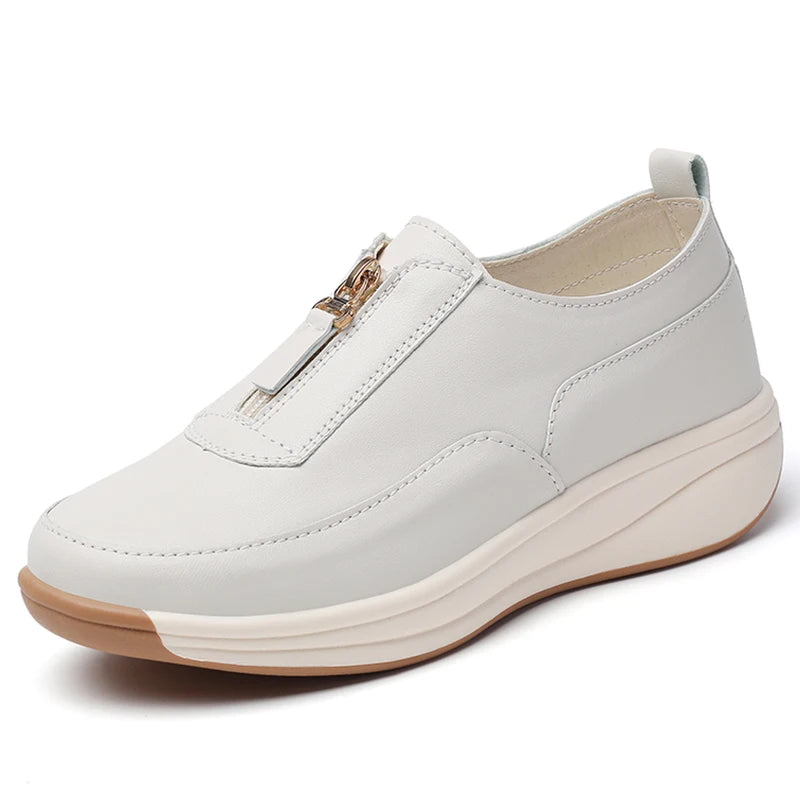 Women's Split Leather Loafer Flats — Zip Closure, Wedge Sole, Round Toe, Casual Everyday Shoe - Zenflow Active