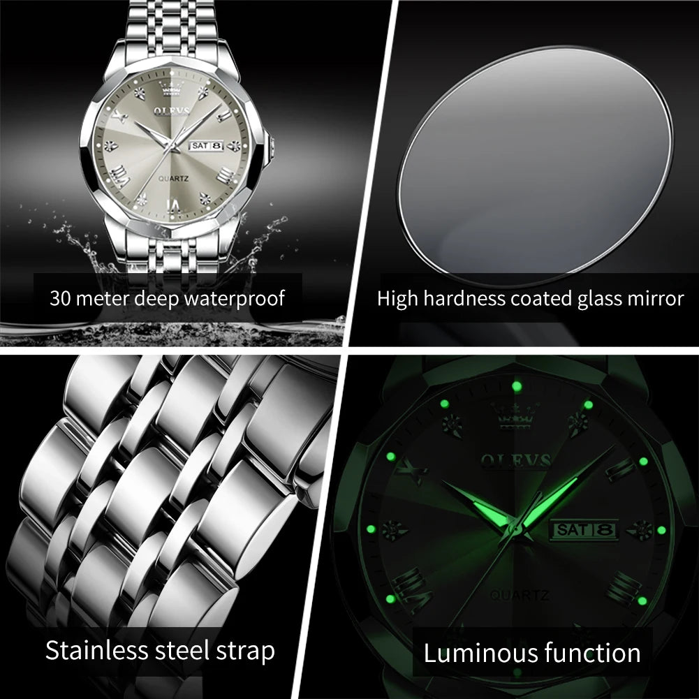 OLEVS 9931 Men's Quartz Watch — Rhombus Bezel, Roman Numeral, Date & Week, Luminous - Zenflow Active