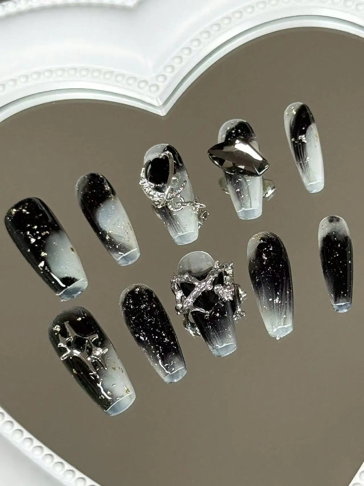 Dark Starry Sky Press-On Nails – Punk Coffin Shape with Zircon & Silver Jewellery | 10 Pieces - Zenflow Active