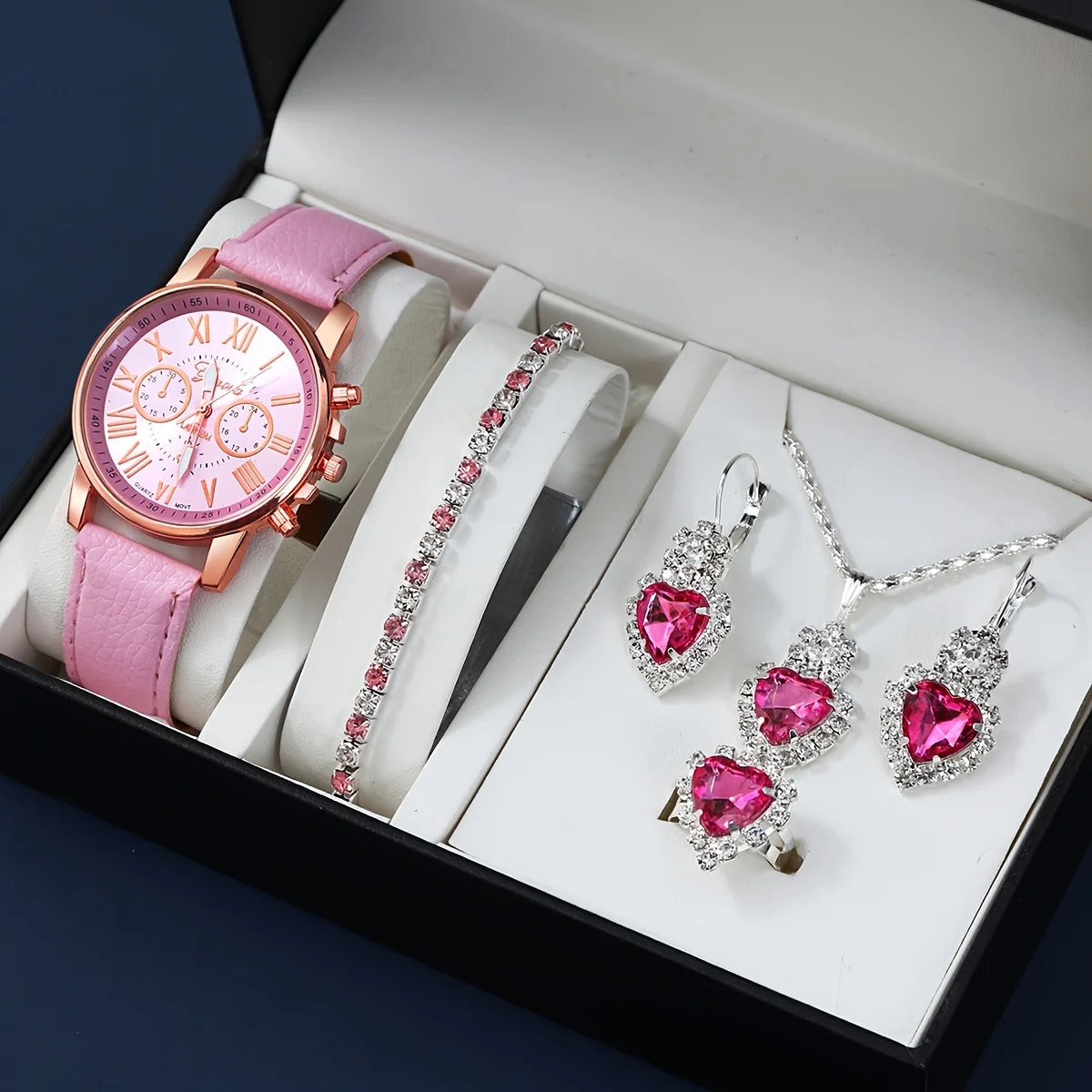 Fashion quartz watch and jewelry set, shock resistant circular analog digital display, PU leather strap, zinc alloy case - Zenflow Active