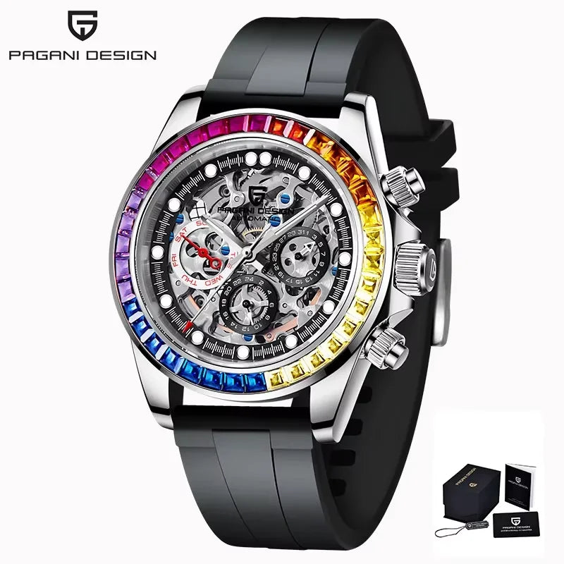 Pagani Design Gemstone Bezel Skeleton Automatic Watch | Sapphire Crystal | 100m Water Resistant - Zenflow Active