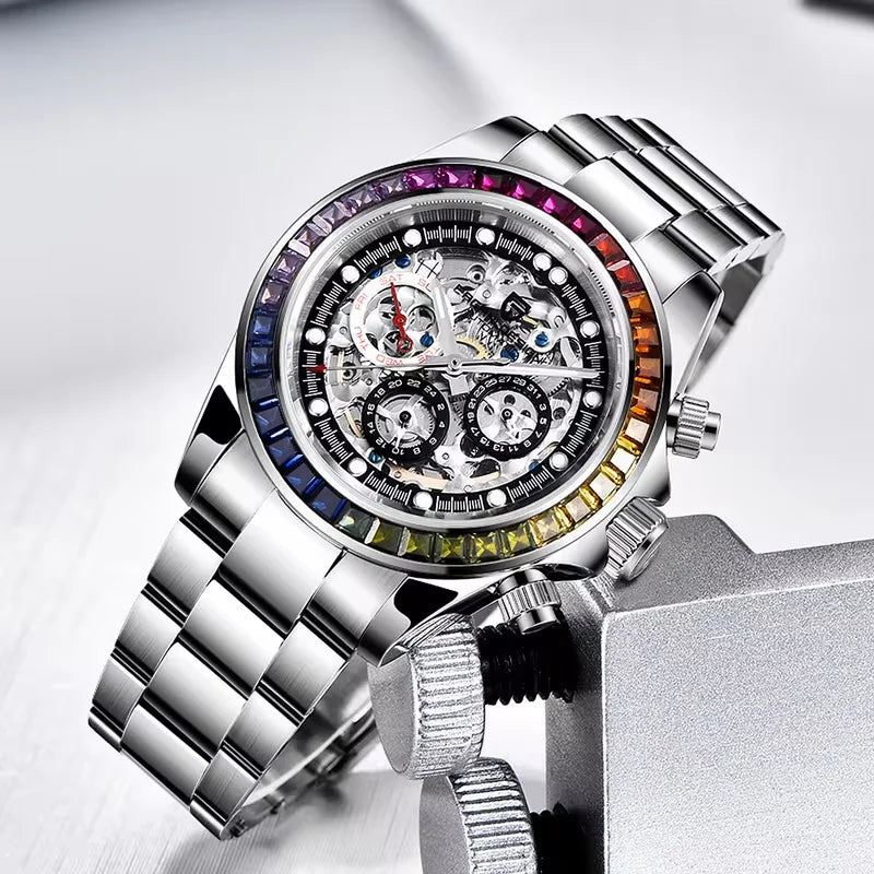 Pagani Design Gemstone Bezel Skeleton Automatic Watch | Sapphire Crystal | 100m Water Resistant - Zenflow Active
