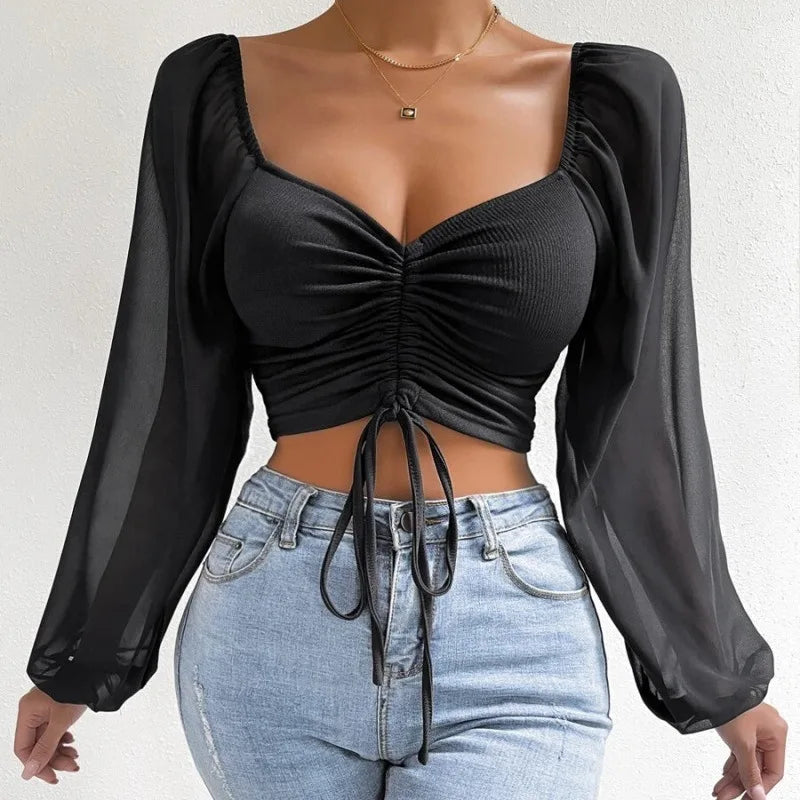 Chiffon Knit Puff Sleeve V-Neck Top Zenflow Active