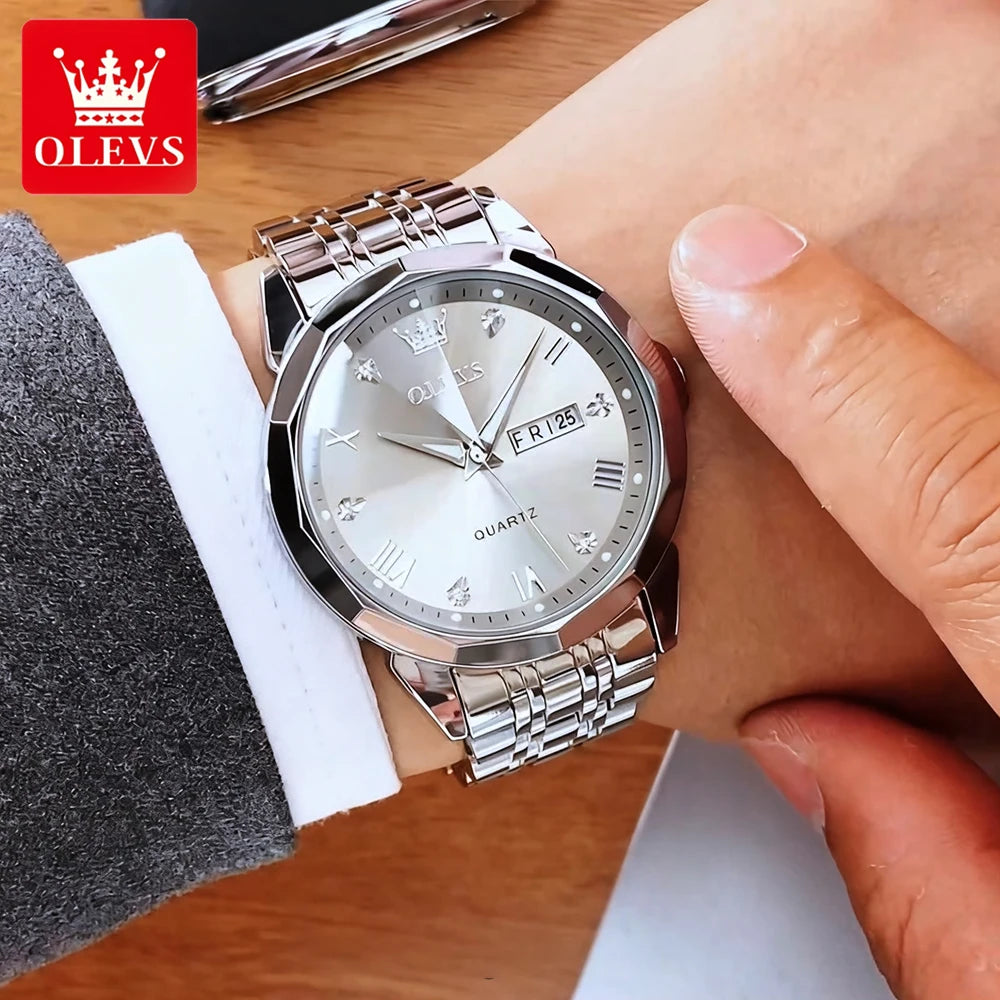 OLEVS 9931 Men's Quartz Watch — Rhombus Bezel, Roman Numeral, Date & Week, Luminous - Zenflow Active