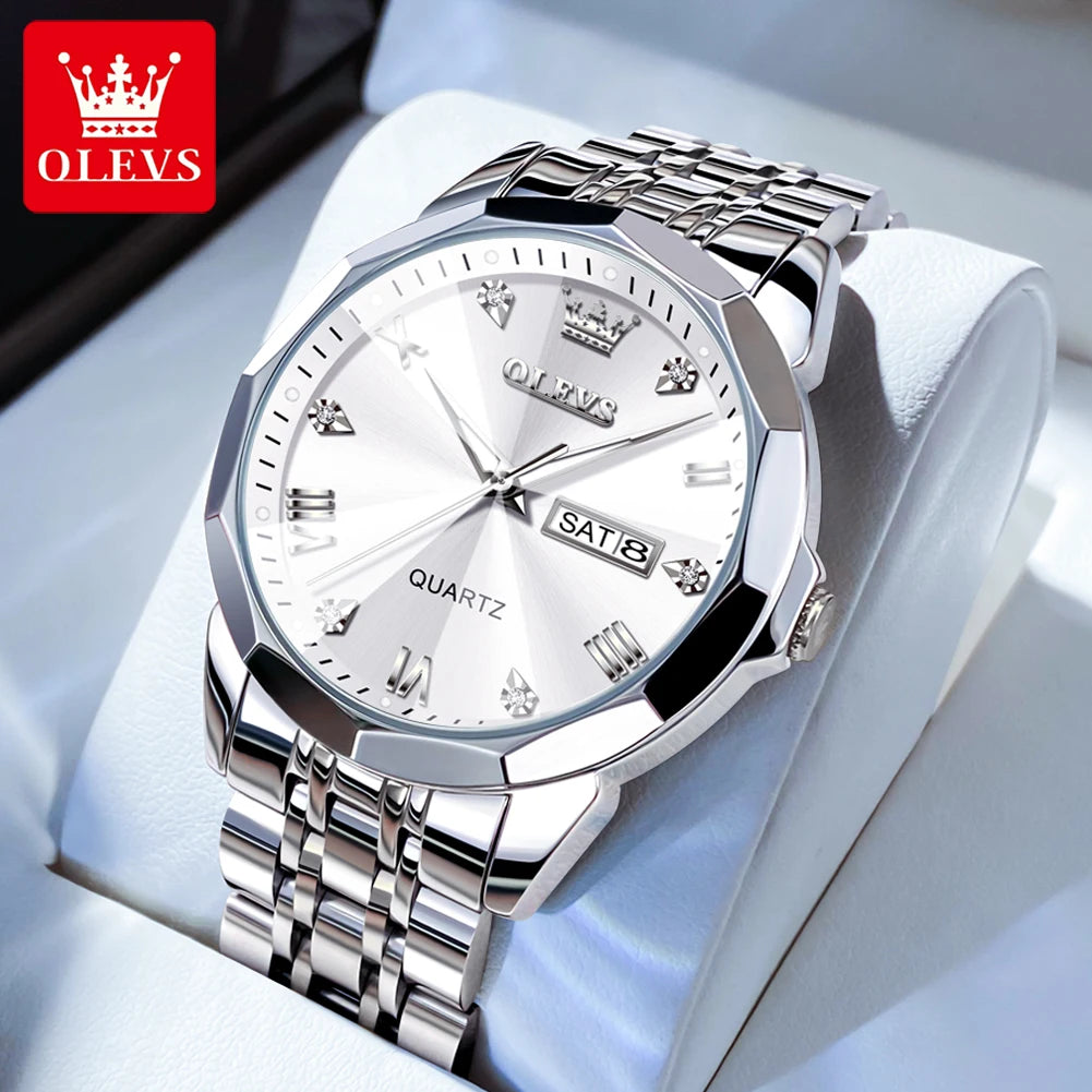 OLEVS 9931 Men's Quartz Watch — Rhombus Bezel, Roman Numeral, Date & Week, Luminous - Zenflow Active