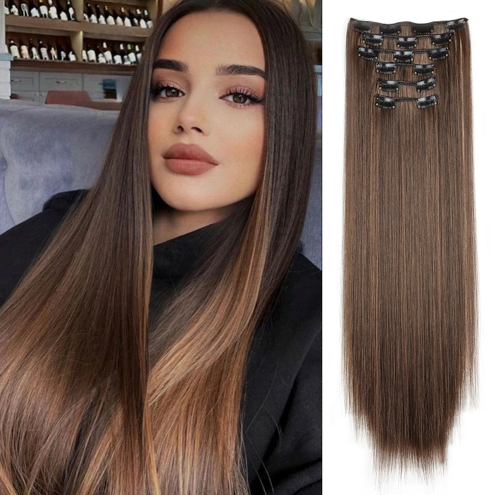 Hair Extensions 24"/60cm 6pcs/set Women Long Straight Synthetic Full Head Clip 16 Clips Ombre Heat Resistant Fiber Hair - Zenflow Active