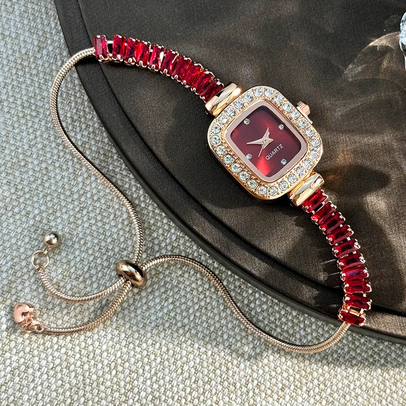women's inlaid zircon flexible pull out bracelet with diamond square alloy case rhinestone scale simple dial quartz watch - Zenflow Active