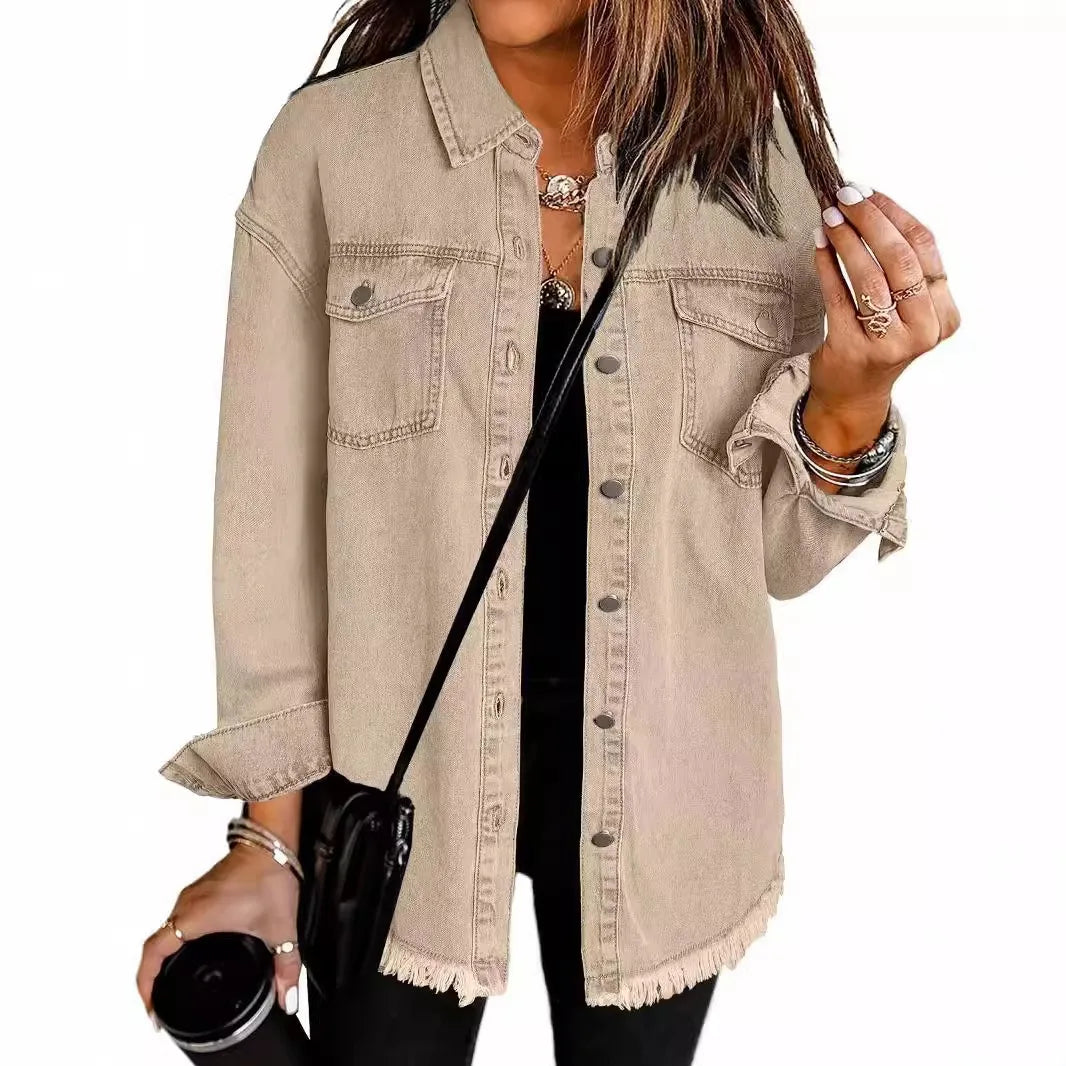 Women’s Distressed-Hem Long Denim Shirt Jacket Zenflow Active