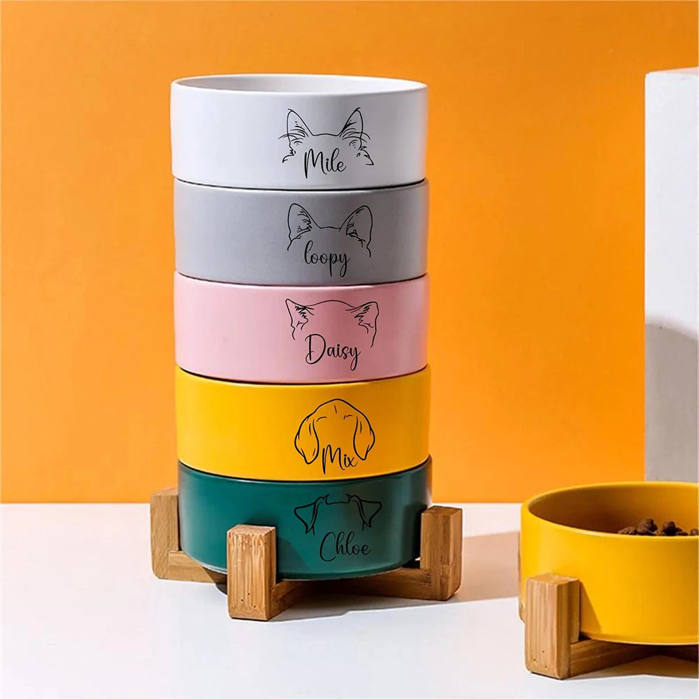 Personalised Ceramic Pet Bowl with Wooden Stand | Custom Name Bowl for Cats & Dogs - Zenflow Active