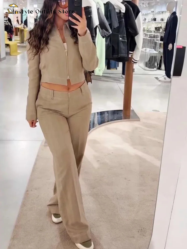 Women's Cropped Jacket & Straight-Leg Trousers Set Zenflow Active