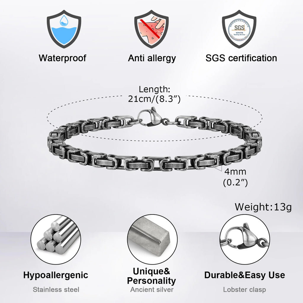 Men's Byzantine Bracelets,4mm Retro Grey, Stainless Steel, Handmade - Zenflow Active